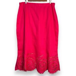 Elizeh Midi Skirt Women's 14 Pink Linen Cutout Hem Retro Academia Modest Casual